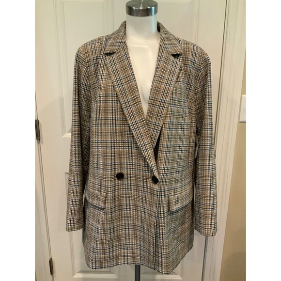 Madewell Tan & Blue Plaid Check Double Breasted Blazer, Size 2X Plus - Picture 1 of 9
